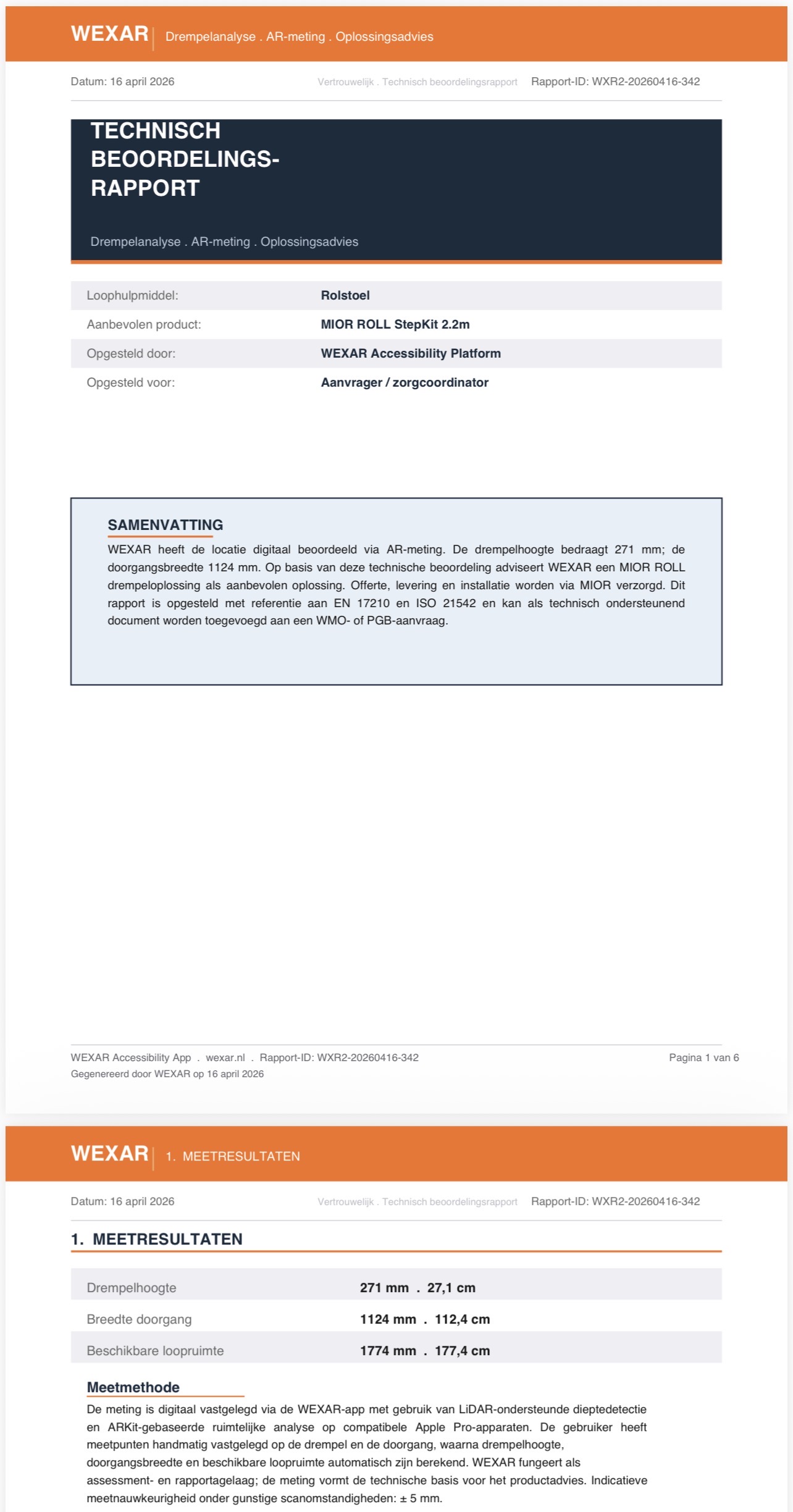 Screenshot van een WEXAR-beoordelingsrapport met meetresultaten, helling en aanbevolen vervolgstappen.